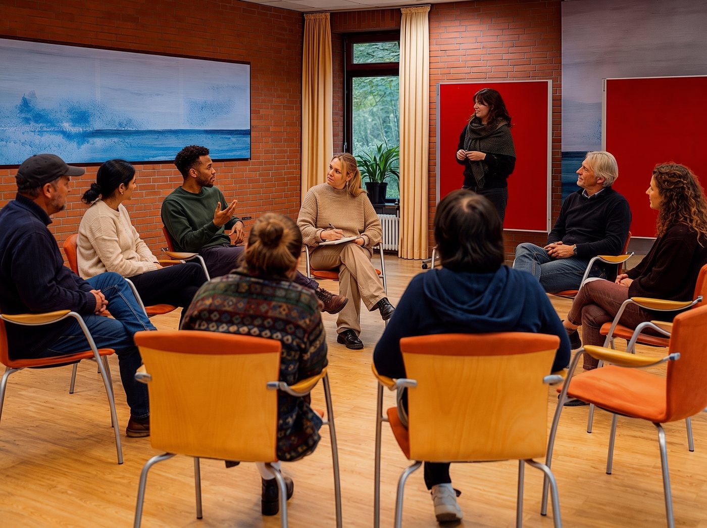 Workshop im Seminarraum, Gruppe im Stuhlkreis